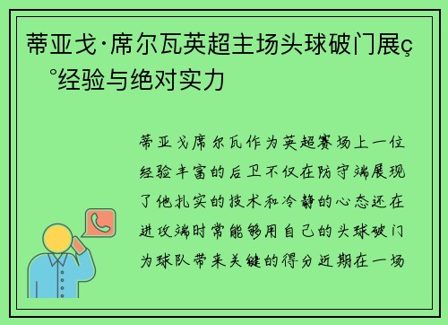 蒂亚戈·席尔瓦英超主场头球破门展现经验与绝对实力